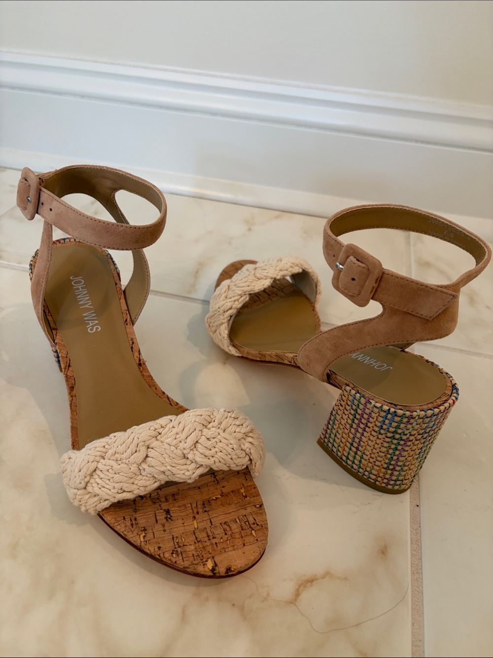Johnny Was Cream Braided Cork Block Heel Sandals with Multicolor Heel - Picture 2 of 2